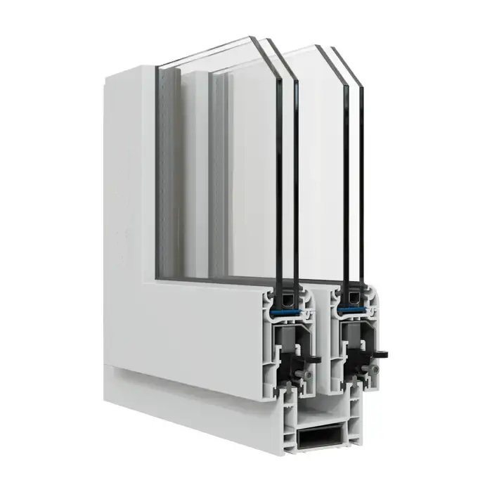 Corte de perfil de PVC Diamond 60 con triple vidriado